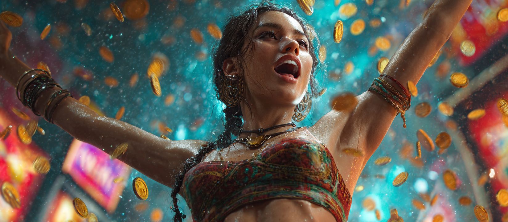 মুদ্রার বর্ষণময় পরিবেশে je77 রঙিন পোশাকে একজন নারী